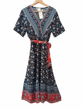 GLM Floral V-Neck Midi Dress Womens Sz S Black Red Rayon Tie Waist Flowy Boho